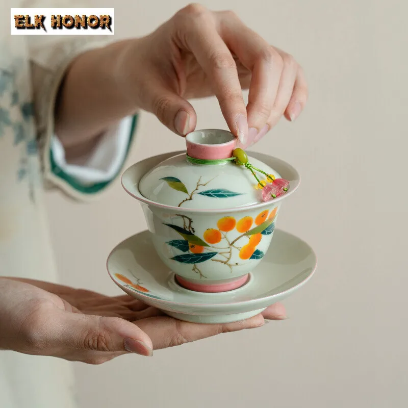 145ml Pure Hand-painted Loquat Gaiwan Chinese Three Talented Tea Tureen Tea Making Pendant Cover Bowl Tea Ceremony Ornaments