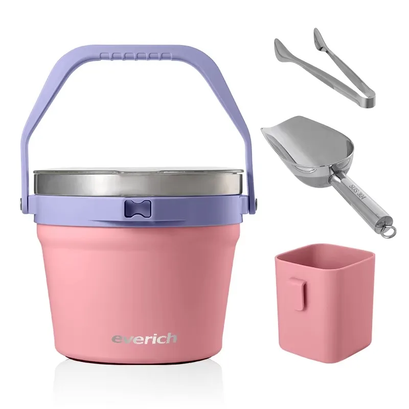 Beverage bucket, double-wall vacuum-insulated stainless steel ice bucket with lid and ice tongs
