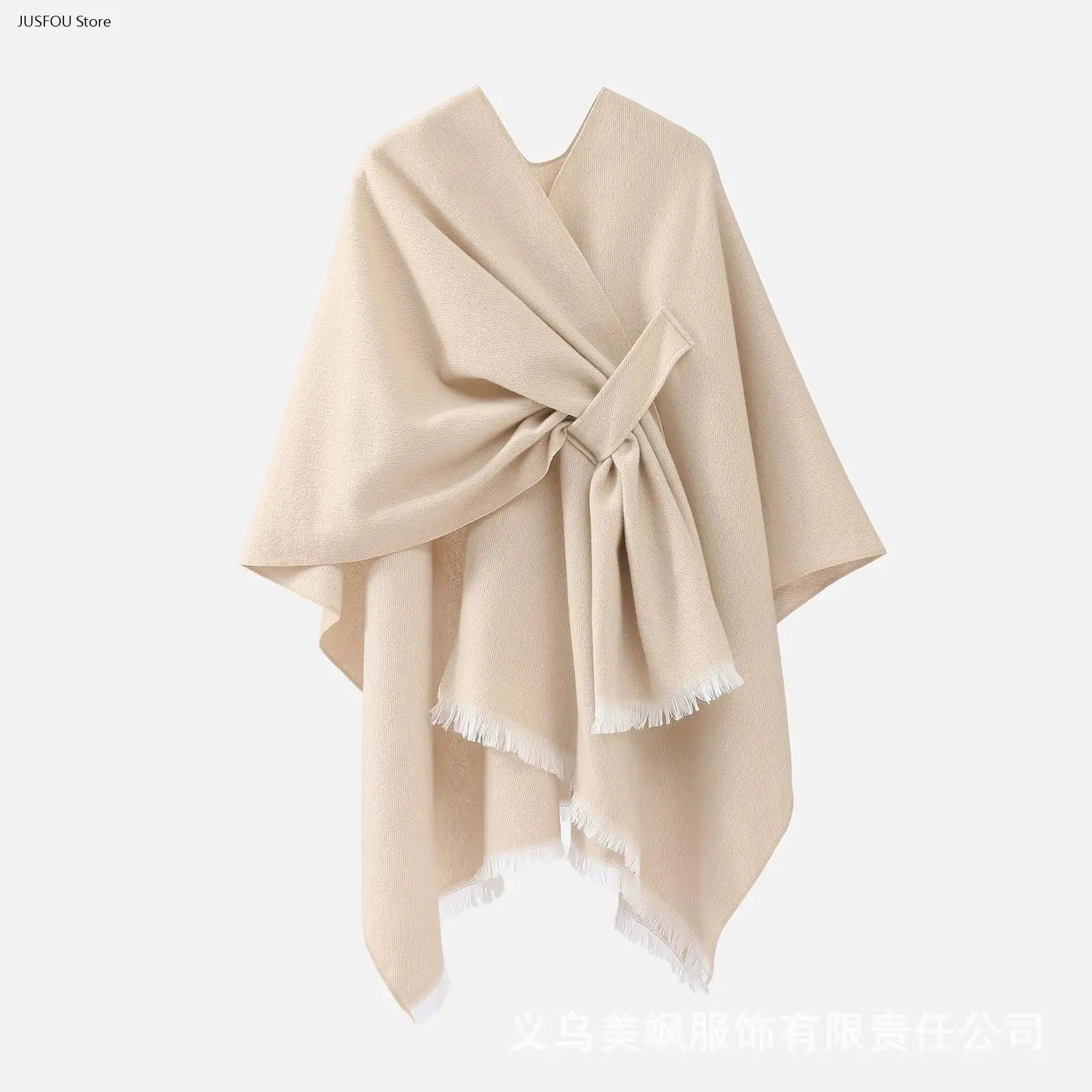 Women Maillard Tone Tie Shawl with Tassel Split Cloak Warm Outer Wrap for Grassland Travel Photos Stylish Daily Cape