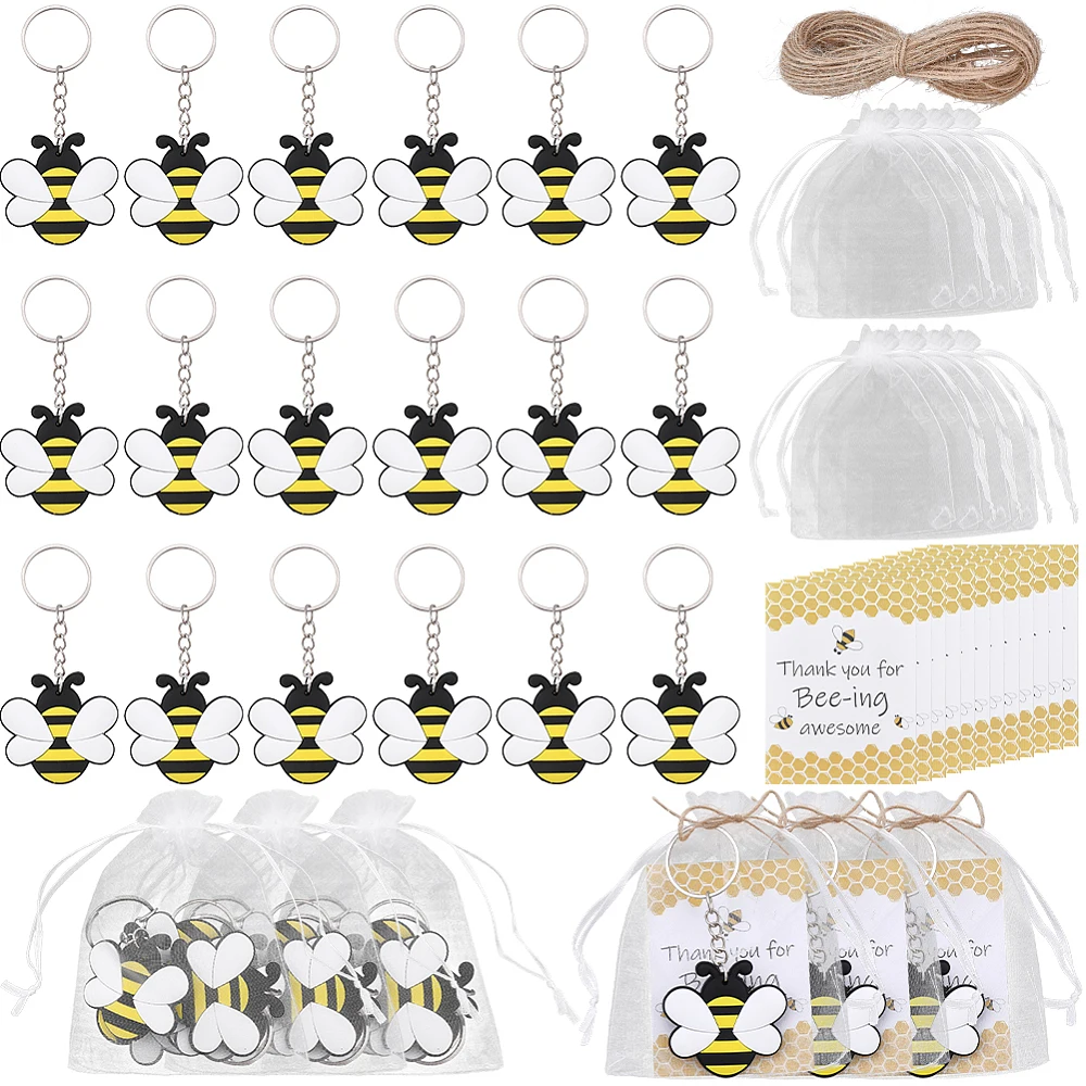 20Pcs Bee Keychain Party Favor Bumble Bee Keyring Pack Honeybee Charm Key Chain Bags Thank You Tags Metal Key Ring for Bag