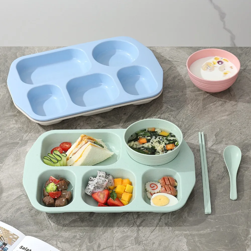 5 Compartment Divided Student Meal Plate Set with Bowl and Tableware Drop-proof Fat-Loss Meal Plate Microwave-safe Plastic