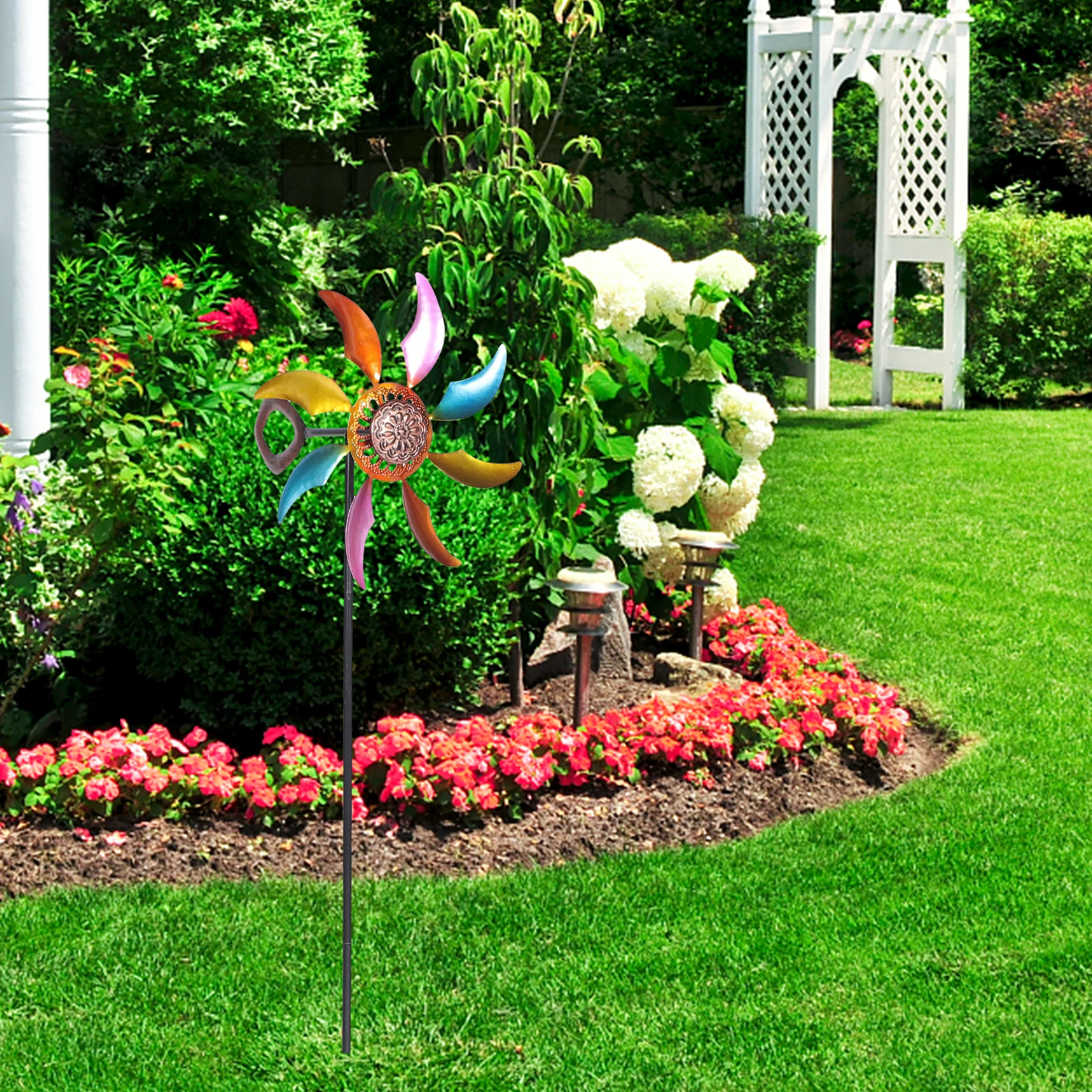 

Metal Windmill Ornaments Durable Decorative Long Use Simple Structure Garden Yard Outdoor Pinwheel Colorful Landscape Scene