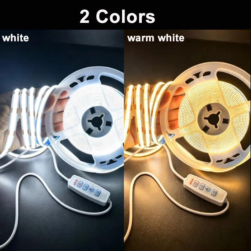 3-Key Dimmable 5V COB LED Strip Light Warm / White  Flicker-Free LED Tape, Cuttable Flexible Light Strip for Kitchen Home Decor
