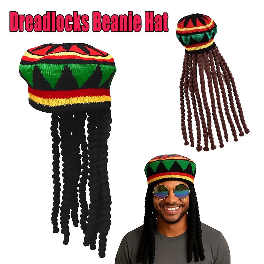 Gorro unisex con rastas y trenzas falsas, gorro de Reggae rasta jamaicano, gorro de calavera tejido de ganchillo para fiesta de Navidad y Halloween