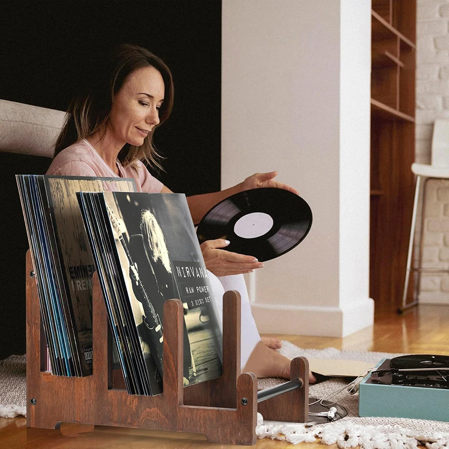 Porte-enregistrement en bois Vintage, présentoir de stockage d'enregistrement ancien CD, présentoir d'enregistrement en fer Portable