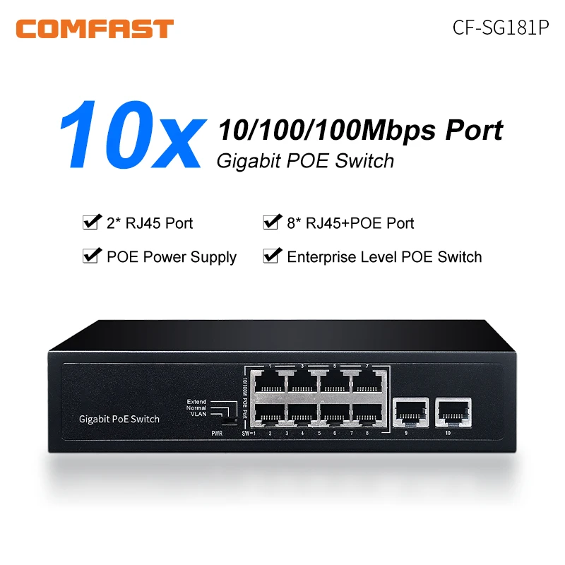 10 Port Gigabit POE Switch 2 Port 1000M Uplink Network Ethernet Stwitcher Hub Internet Splitter for Surveillanc CPE Access Point