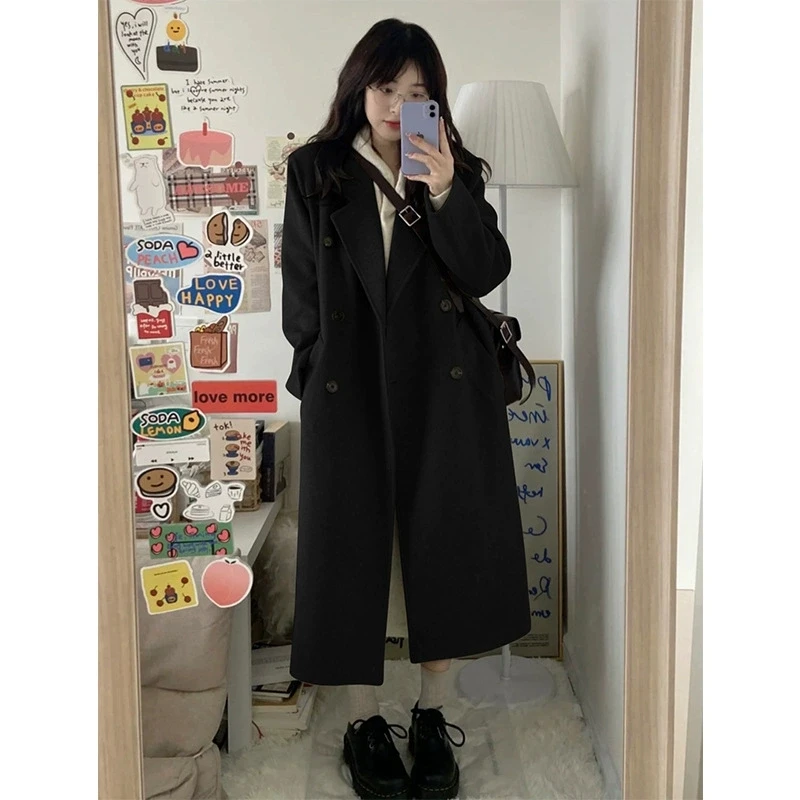 Women Elegant Midi Wool Blends Coat Korean Thicken Long Bandage Jackets Oversized Lace Up Outwear White Cardigan Woolen Overcoat