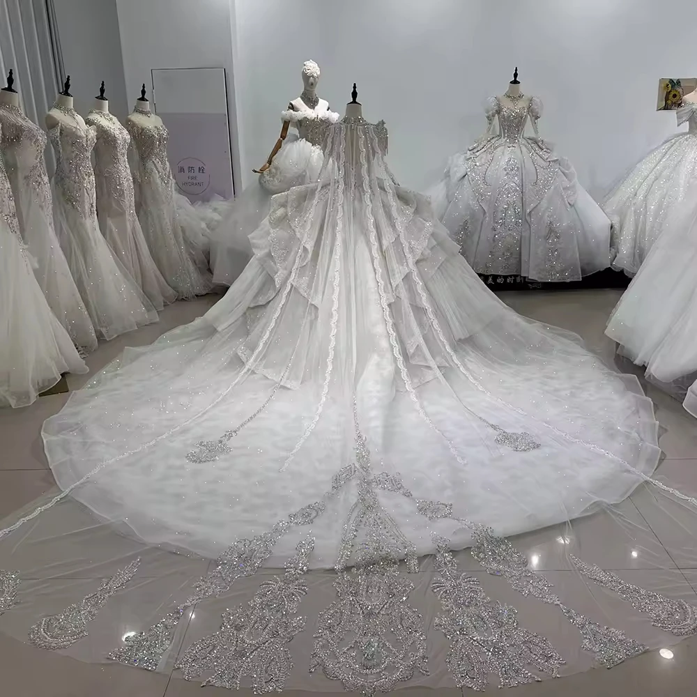 Vestido De Casamento Noiva Long Sleeve Scalloped V Neck Wedding Dress Lace Up Back Beading Crystal Ball Gown Bridal Dress 2026