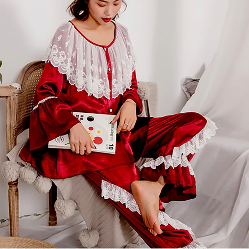 韓国ファッション女性のワインアイスシルク長袖プリンセスプラスサイズホーム服パジャマセットレースサテンフレア袖