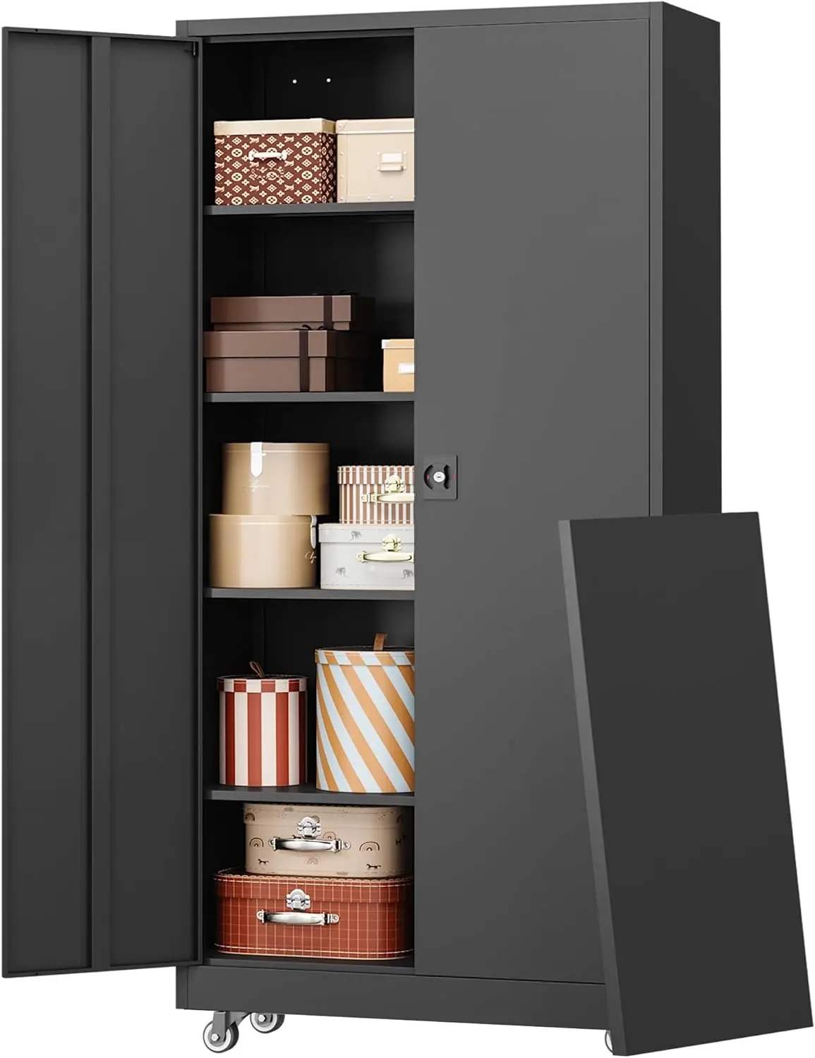 73' Black Locking Tool Cabinet with Wheels, 2 Doors, 4 Shelves, Heavy Duty Garage Storage