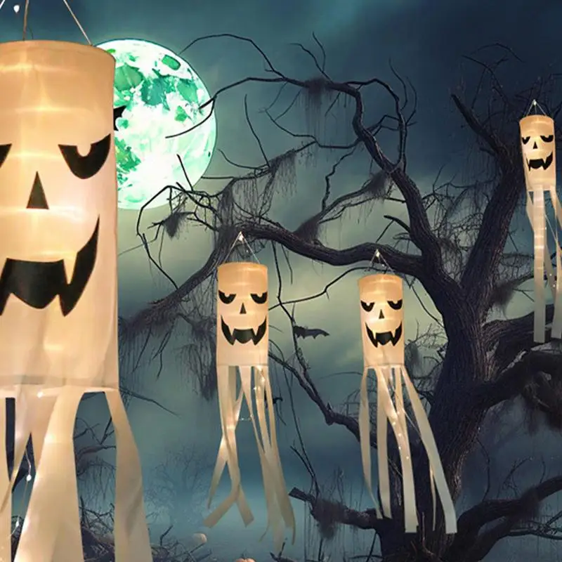 Halloween Windsocks bendera seram lampu LED perlengkapan pesta luar ruangan hantu lampu LED dengan 3 mode pencahayaan dekorasi Halloween