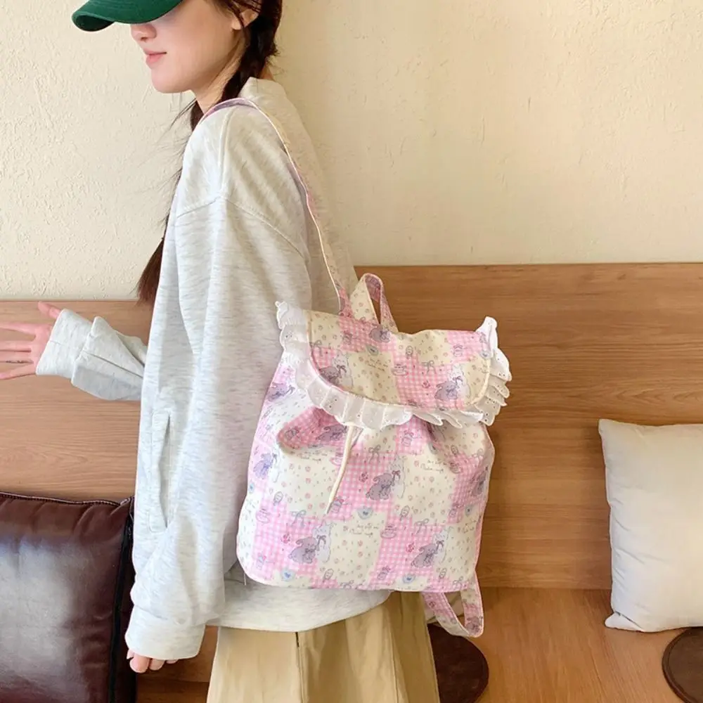 

Korean Kawaii Ruffles Backpack Cute Sweet Drawstring Backpack Casual Outdoor Travel Schoolbag for Teenager
