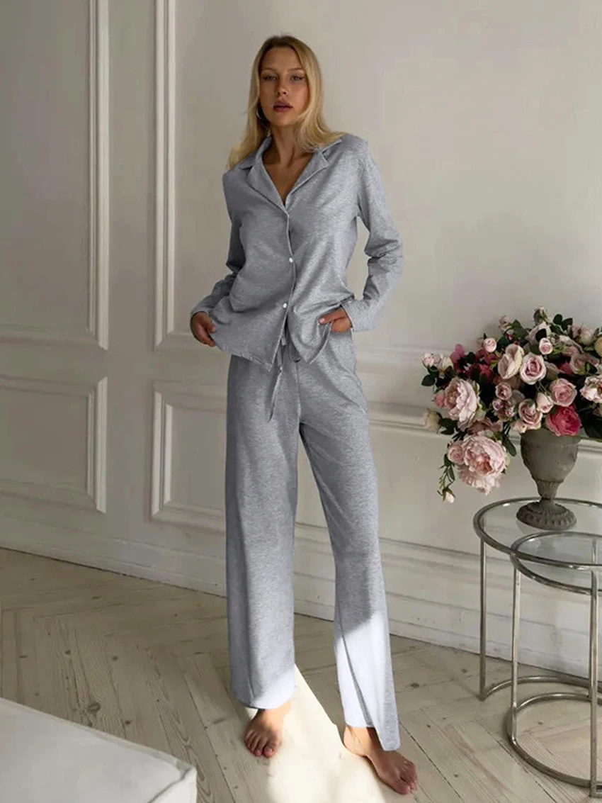

Marthaqiqi Wintre Ladies Sleepwear Set Long Sleeve Nightgowns Sexy Turn-Down Collar Nightwear Pants Casual Female Pajamas Suits