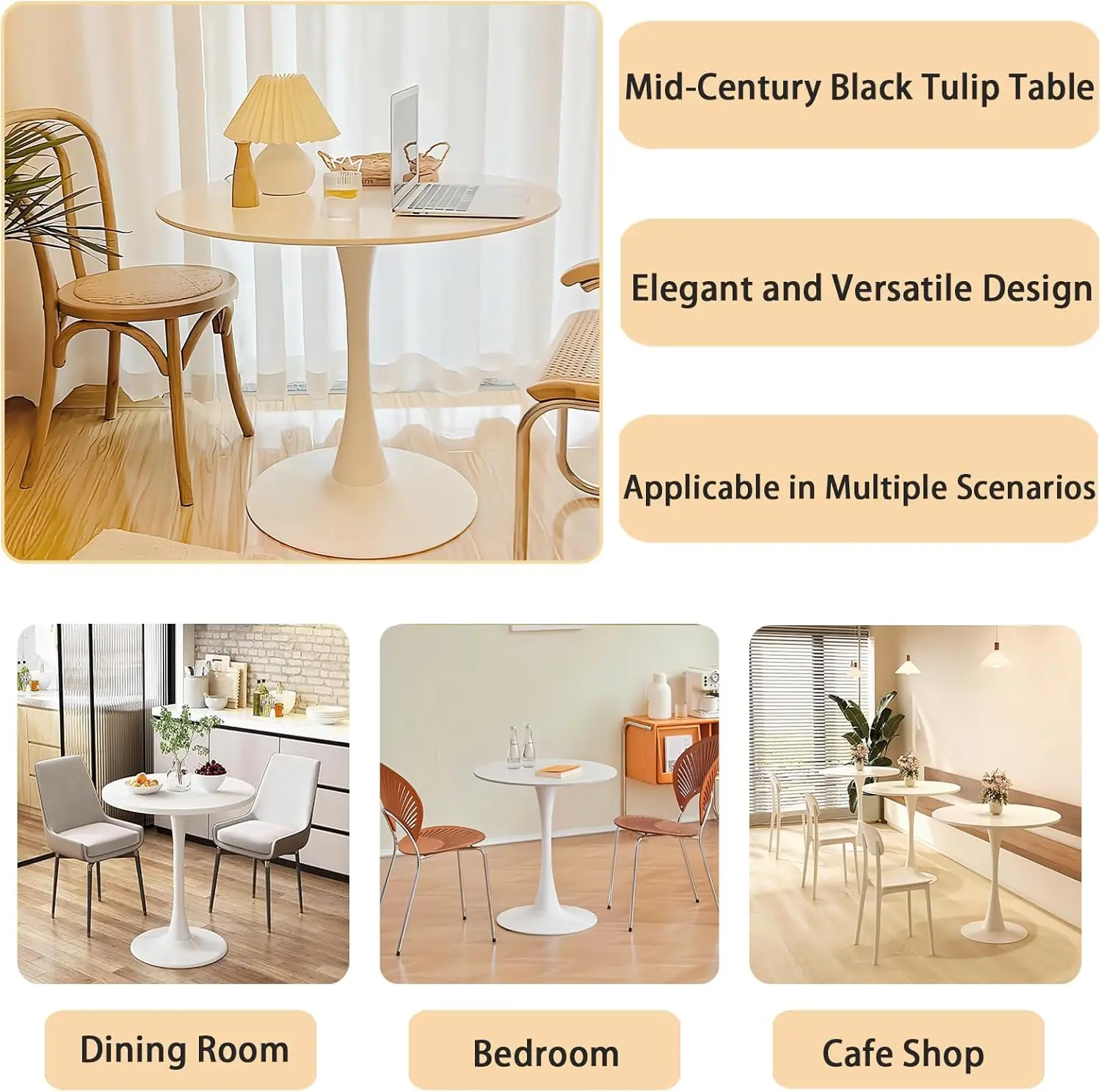 Round Dining Table, 24 Inches Tulip Round Kitchen Table, Mid-Century Leisure Table for Small Places, Dining Room, Living Room, C