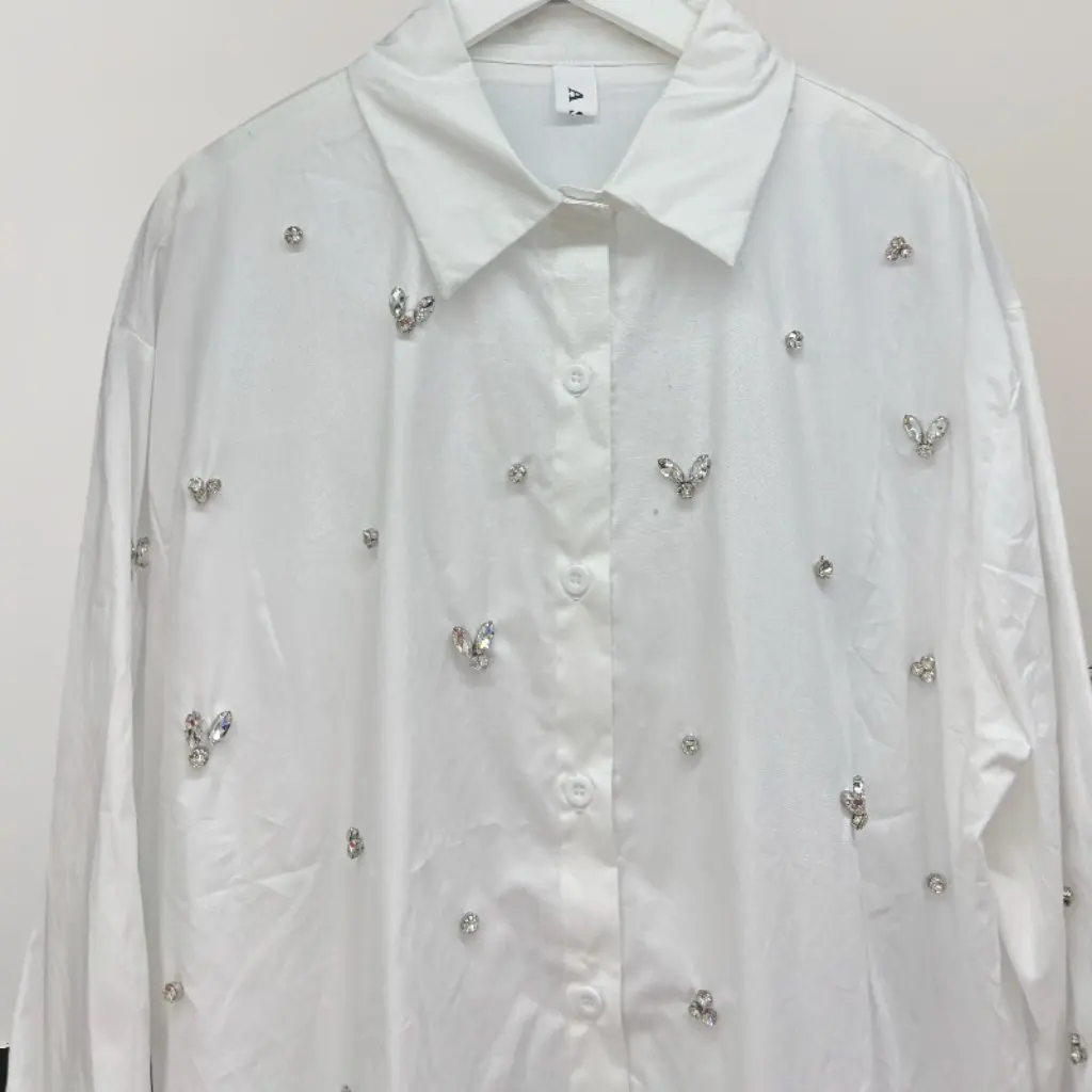 

Women's Long-Sleeved Shirt Spring New French Style Heavy-Duty Rhinestone Levers Loose Simple Design for plus Size