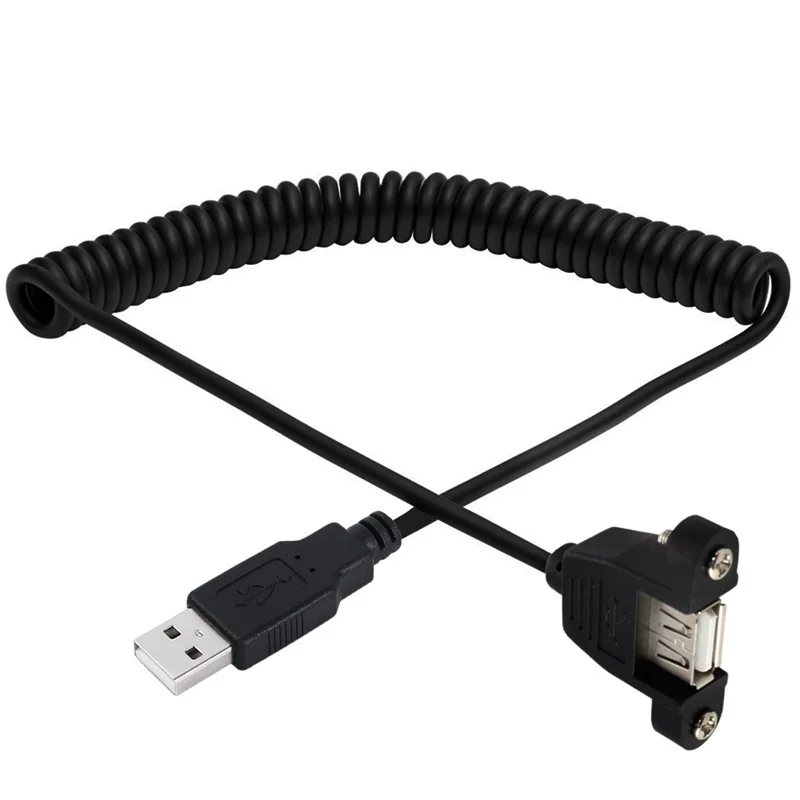 USB 2.0 A Female Panel Mount to Up & Down & Left & Right Angled A Male Extension Coiled Spiral Cable