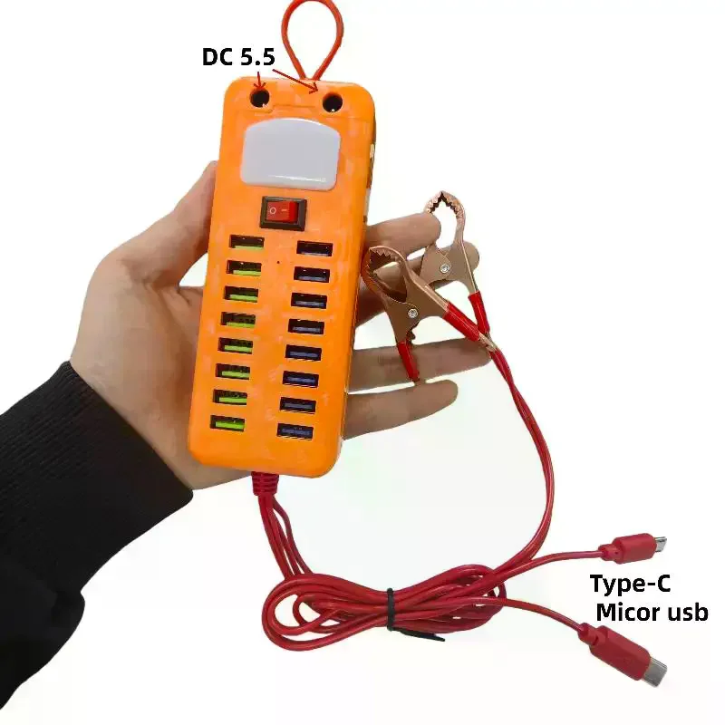 1Pcs 12V 24V To 5V 3.4A 16USB Port Power Adapter With Battery Clip For Charging Cell Phone Emergency USB Power High Efficiency