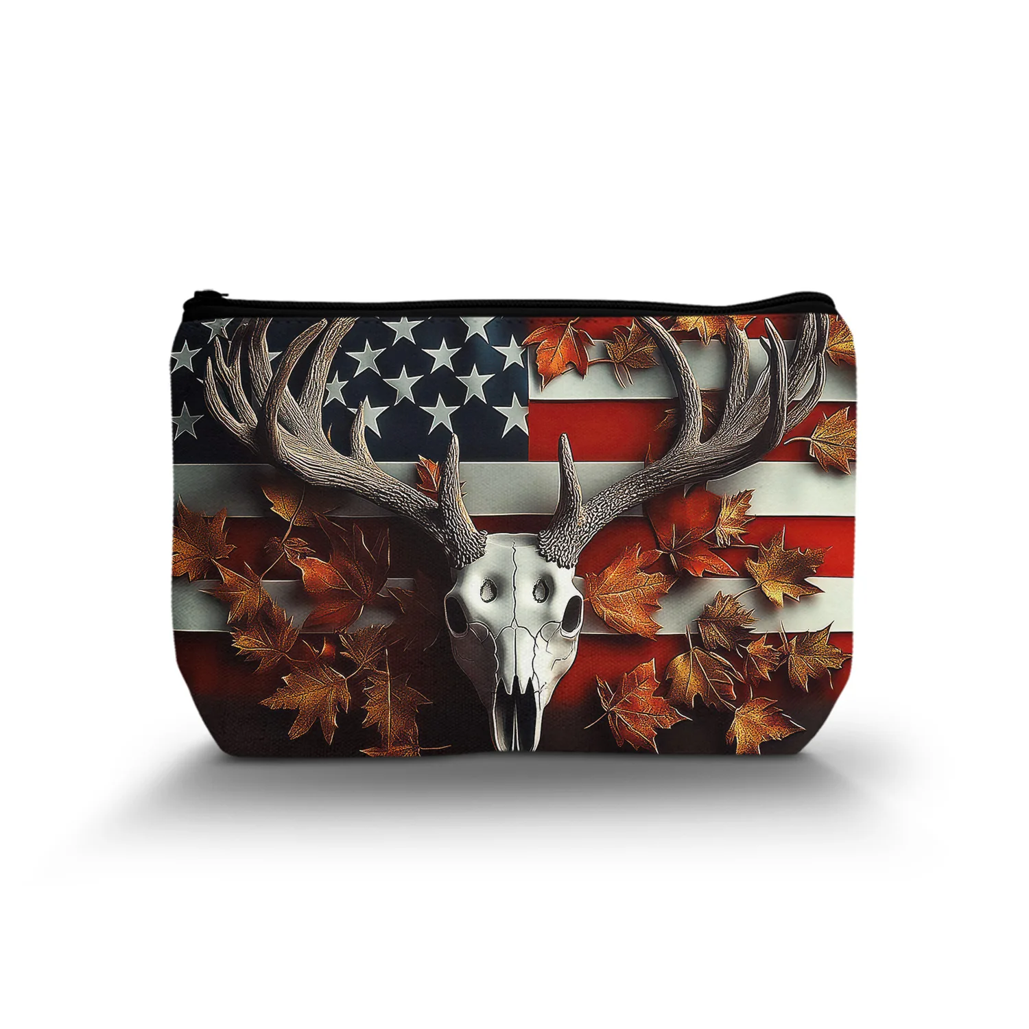 1Pc Usa Flag Deer Skull Maple Leaf With Zipper Makeup Bag For Women Fashionable Personalized Cosmetic Bags