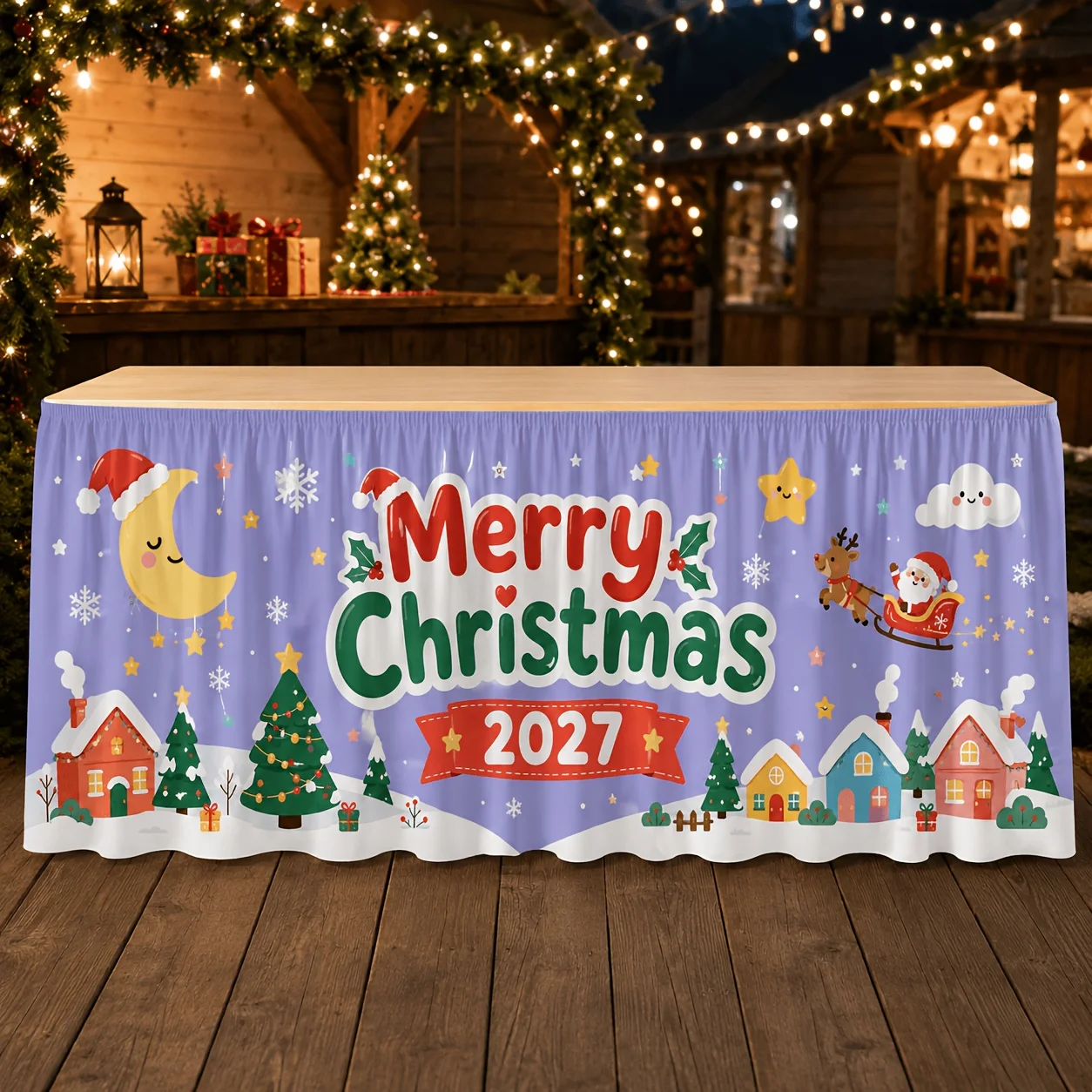 One-piece table skirt, 2027 Christmas Happy Tablecloth, cartoon Santa Claus sleigh with reindeer.