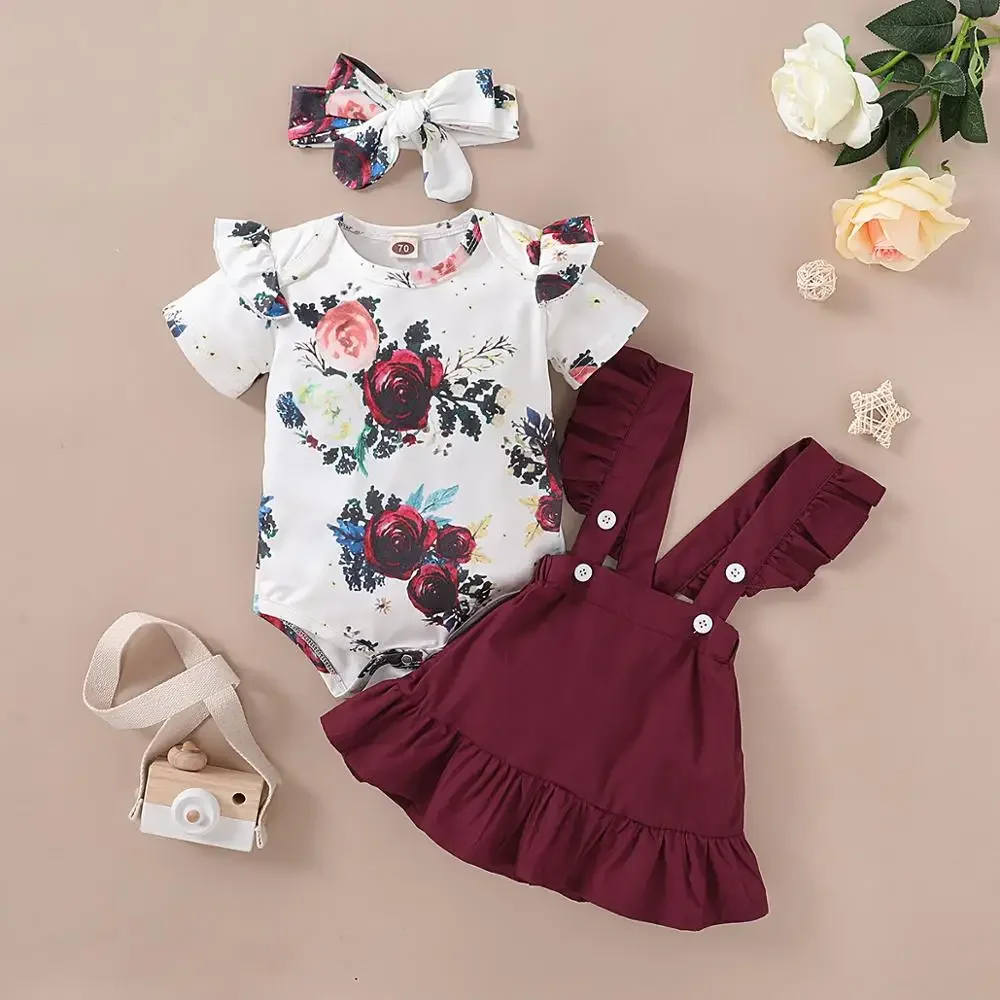 3-piece Baby Girl Clothes Toddler Floral Print Bodysuit Suspender Headband Set Newborn Infant Baby Girls Ruffled Sunflower