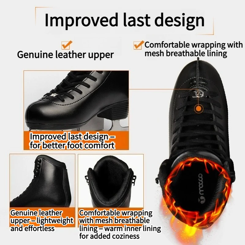 MACCO Women Men Figure Ice Skates Shoes with Stainless Steel Blade Genuine Leather Warm Waterproof for Beginners Kids & Adults