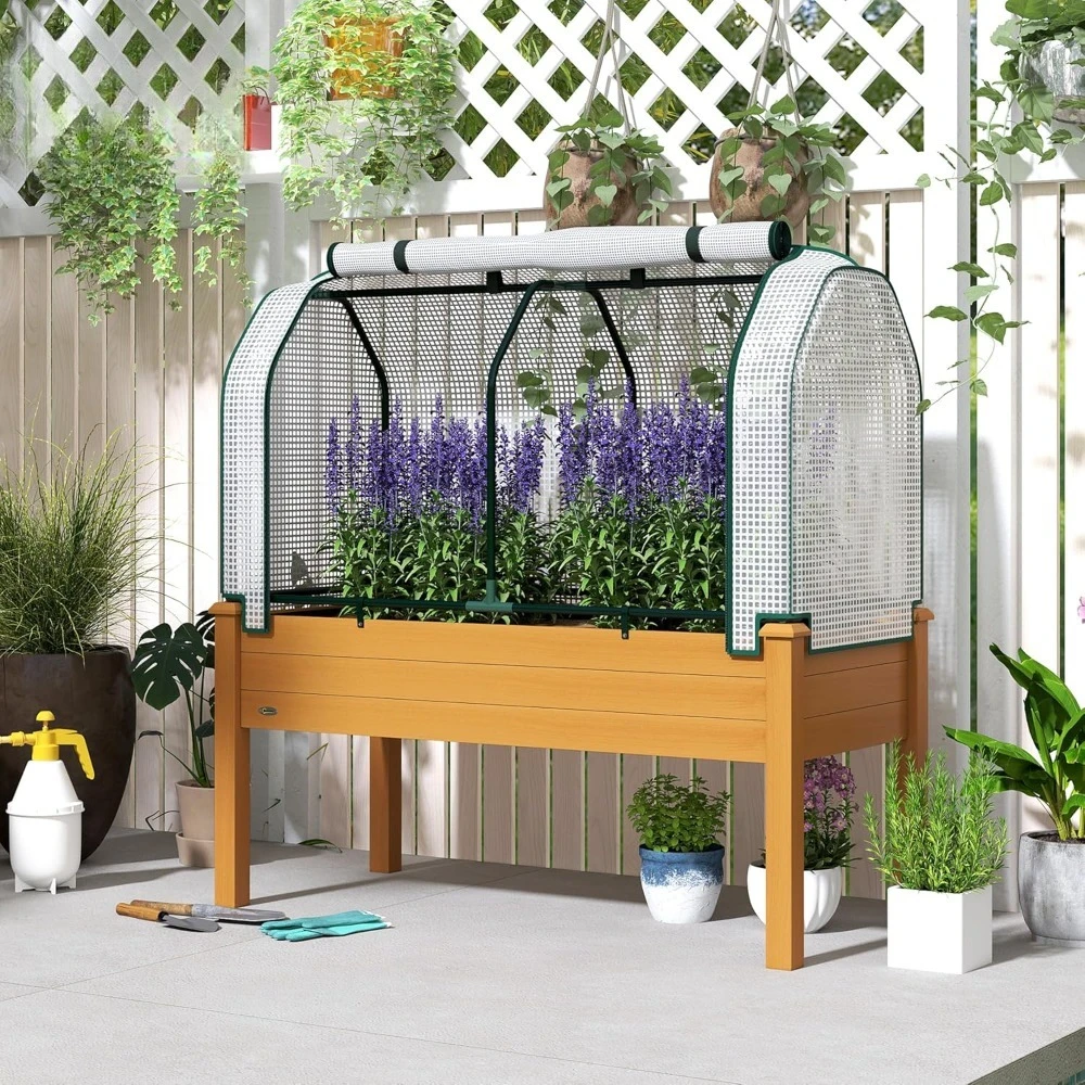 

Raised Garden Bed with PE Greenhouse Cover Outdoor Elevated Wood Planter Box, Customized