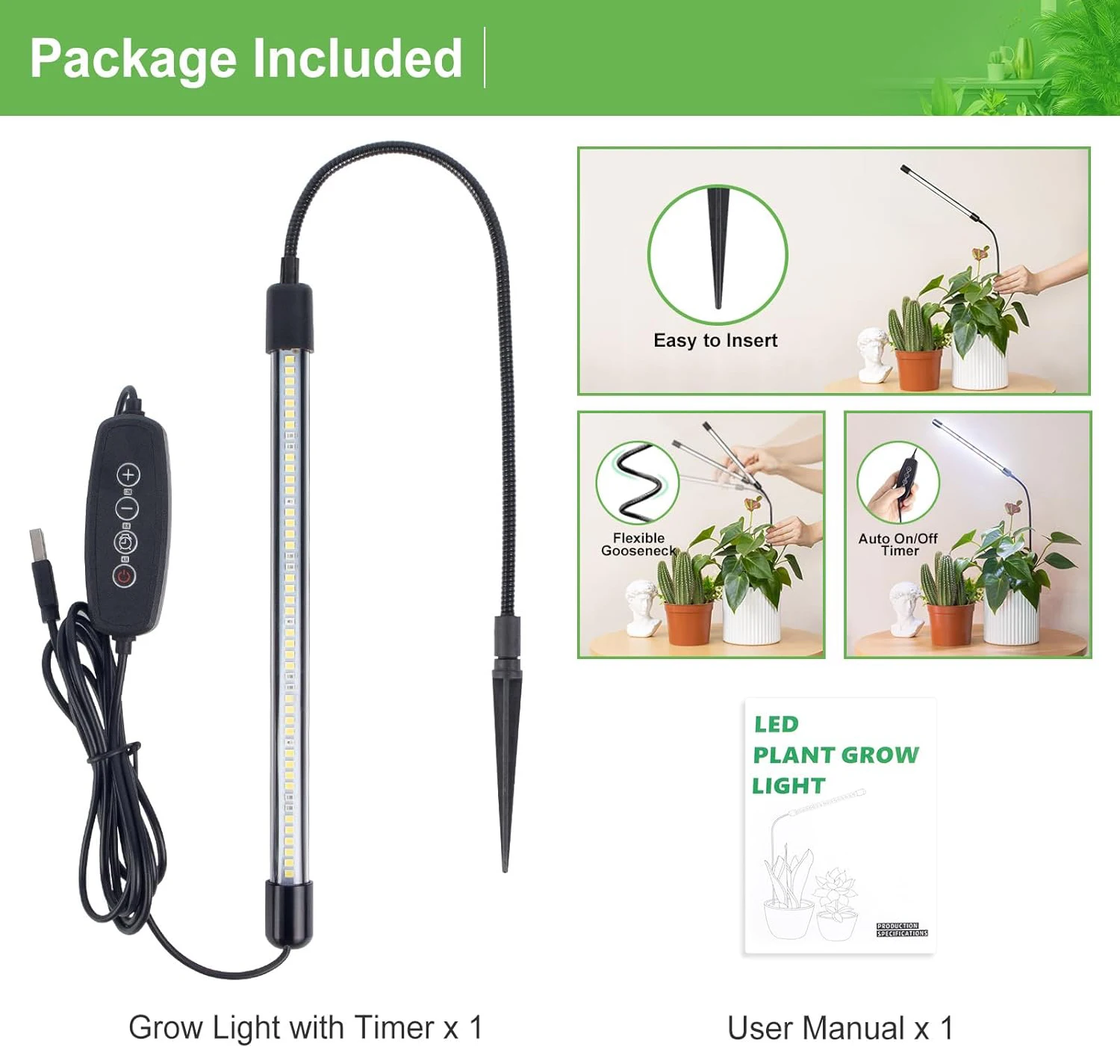 พืช Growth Light Full Spectrum LED พืชในร่มพร้อม Auto On/Off Timer 4/8/12H Goose คอหลอดฟรีดัดหรี่แสงได้