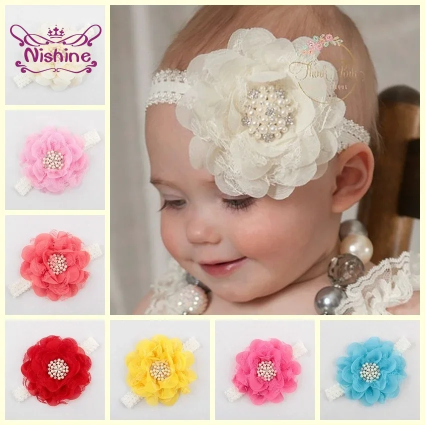 1PCS Cute Lace Chiffon Flower with Pearl Rhinestone Button Center Elastic Kids Girls Headband Party Birthday Gift Headwear