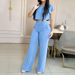 LIYONG Sets For Women 2 Pieces Summer Fashion Casual Raglan Sleeve Solid Bare Waist Top Loose Pants With Pocket High Streetwear