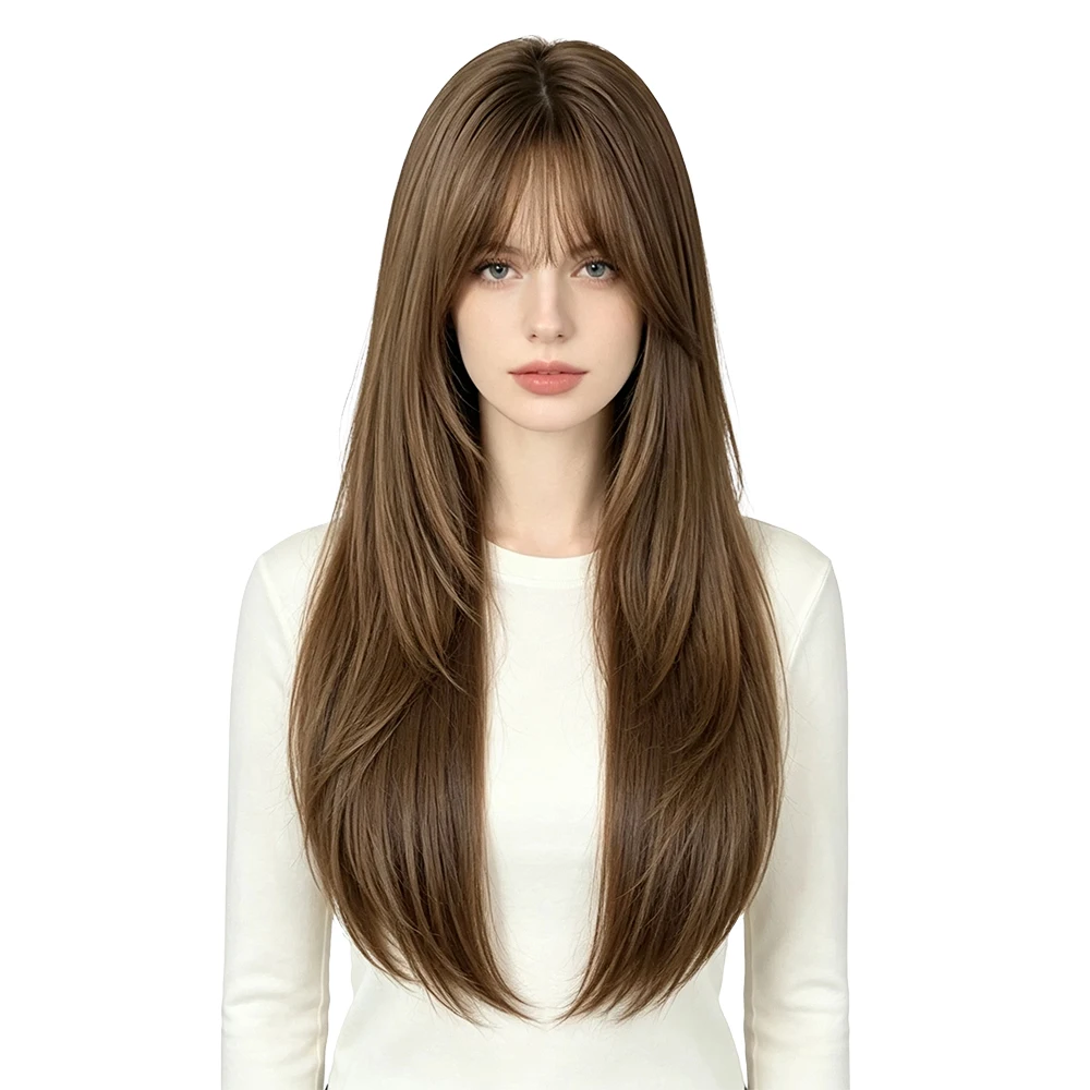 

65cm Ash Brown Long Straight Wig Natural Looking Layered with Bangs Heat Resistant Synthetic Wig For Women Daily Cosplay Party
