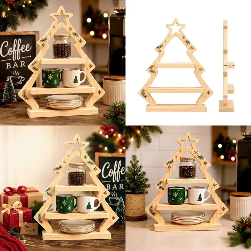 Christmas tree type three-layer bamboo multi-function desktop rack, suitable for holiday coffee station storage rack