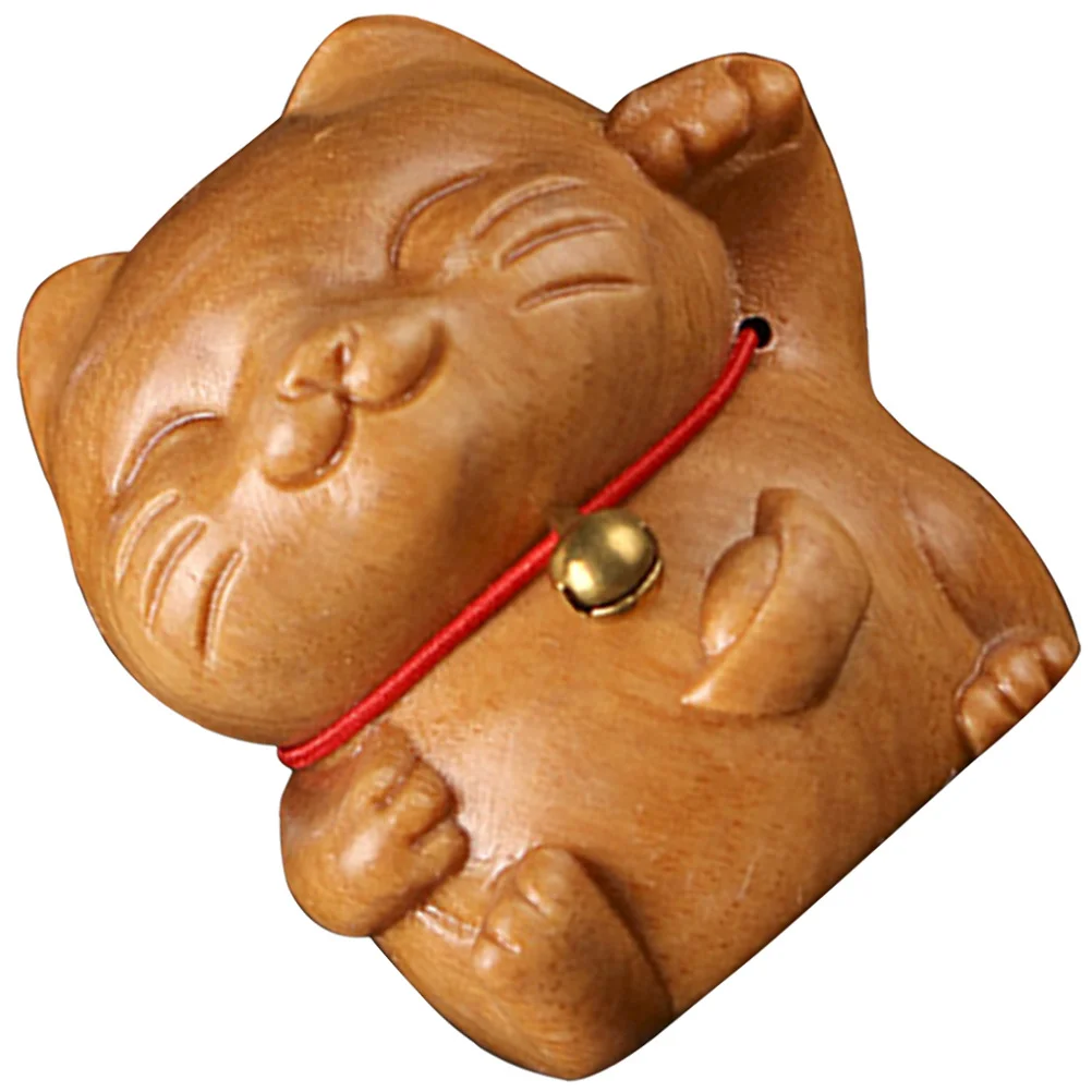 

Natural Sandalwood Carved Lucky Cat Decoration for Home Office Desk Feng Shui Small Cat Ornament Desktop Decor