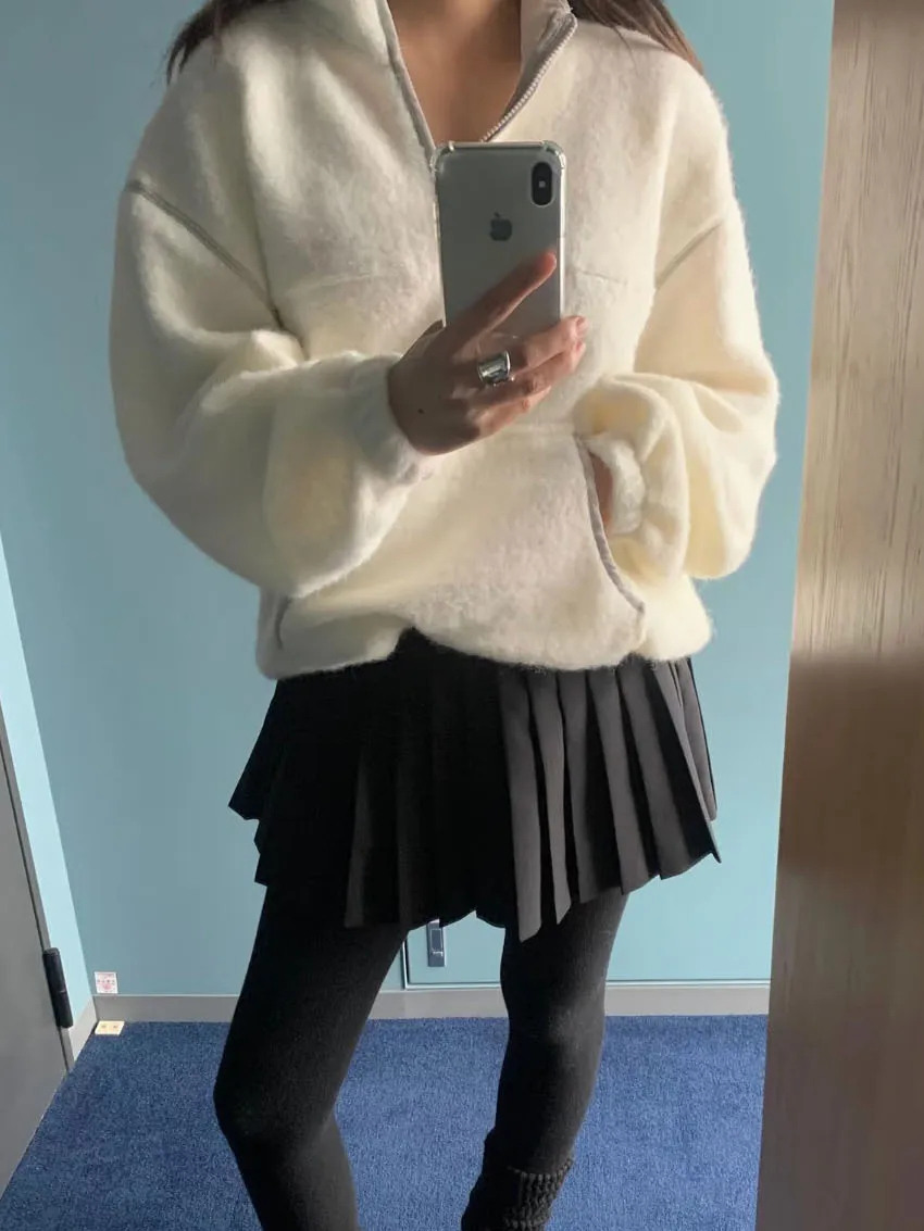 Sudadera con capucha suave Plu para mujer, ajuste holgado con cremallera, informal, cómoda, larga, con cuello levantado, Color Blo, decorativa, Street Sle