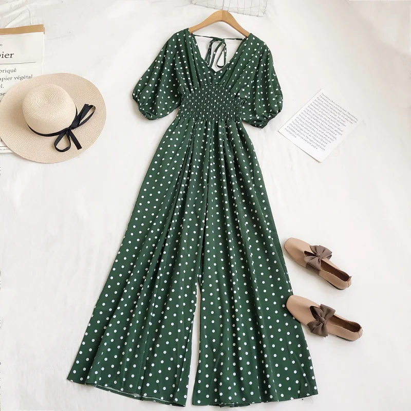 2026 New Summer Woman fashion V Neck short sleeve Dot print jumpsuits high waist pleated casual wide leg Rompers