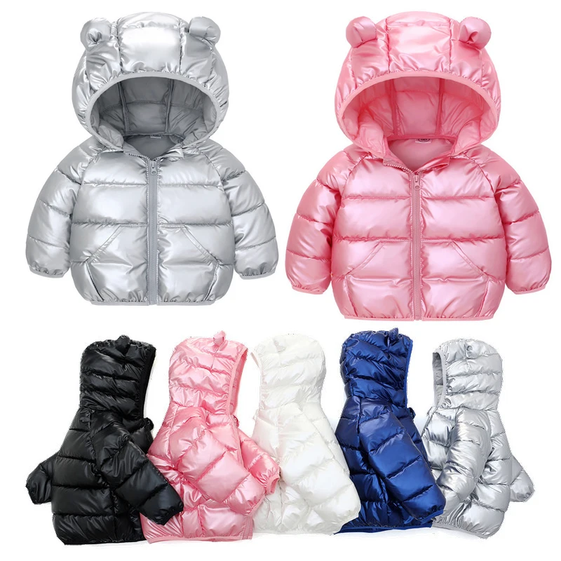 Winter Warm Jacket Toddler Children Coat Hooded Solid Jacket For Girls Boys Glossy Outwear Cute Ears Children Clothing 2-6 Year