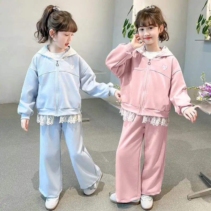 Girl Coat Pants 2-Piece Set Spring Autumn Tops Hoodie Zip-Up Jacket Sweatpants Child Kawaii Fashion New Style Casual Clothing