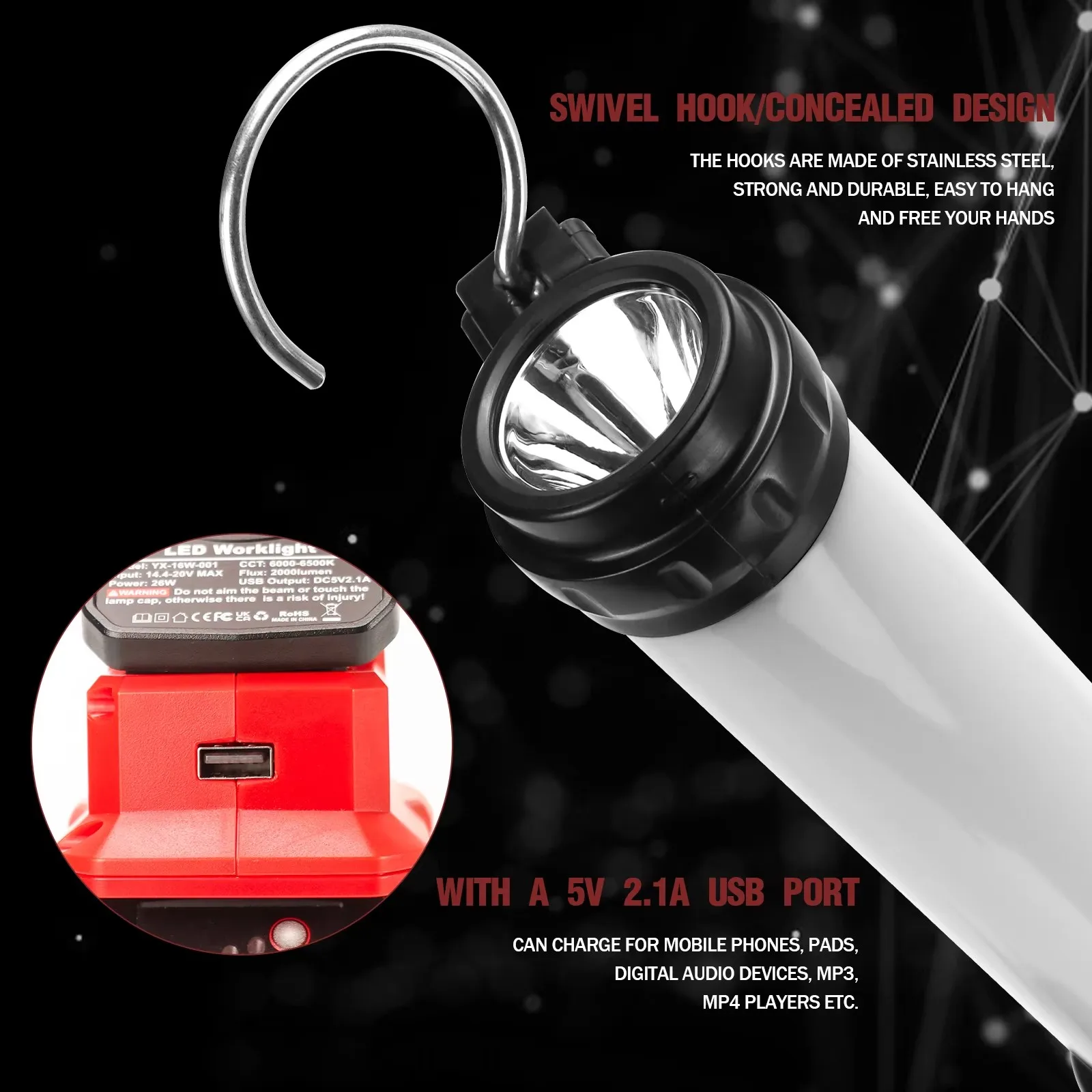 26 واط 2000LM LED ضوء العمل كشاف ضوء مصباح يدوي مع منفذ شحن USB و3 أوضاع لبطارية ميلووكي 18 فولت (بدون بطارية)