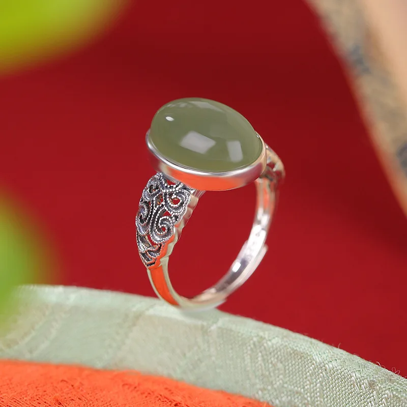 Natural Hetian S925 Sterling Jade Scroll Pattern Hollow Geometric Silver Ring
