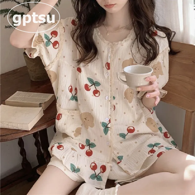 ensemble-de-vetements-d'ete-pour-femmes-motif-cerise-et-ours-mignon-en-coton-doux-col-rond-deux-pieces