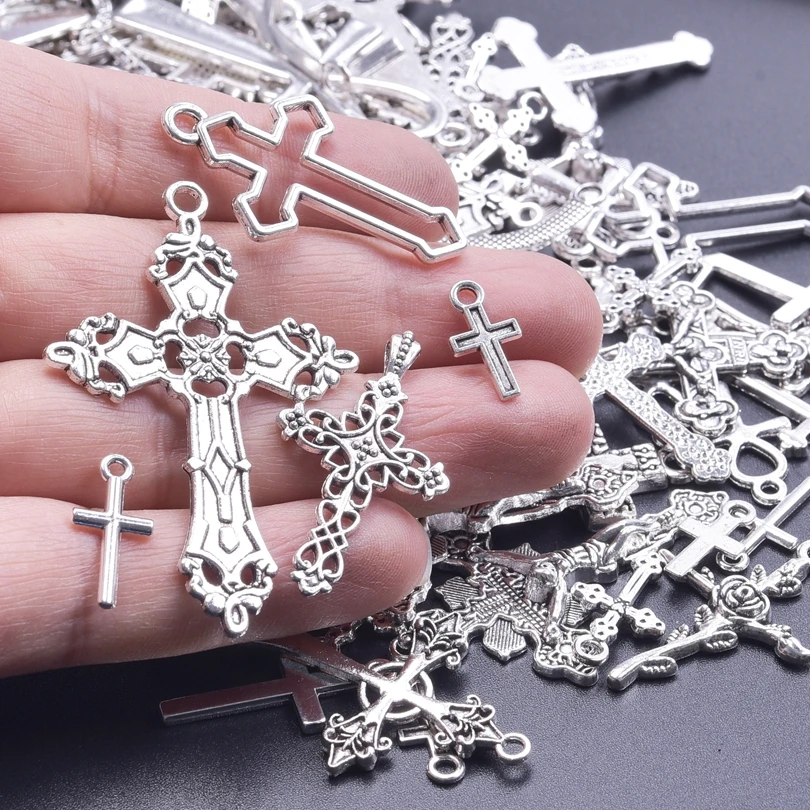 Random Mix 10/20/30Pcs Cross Christ Religion Cross Tibetan Silver Pendant Charms For Women/Men Jewelry Making Necklace Materials