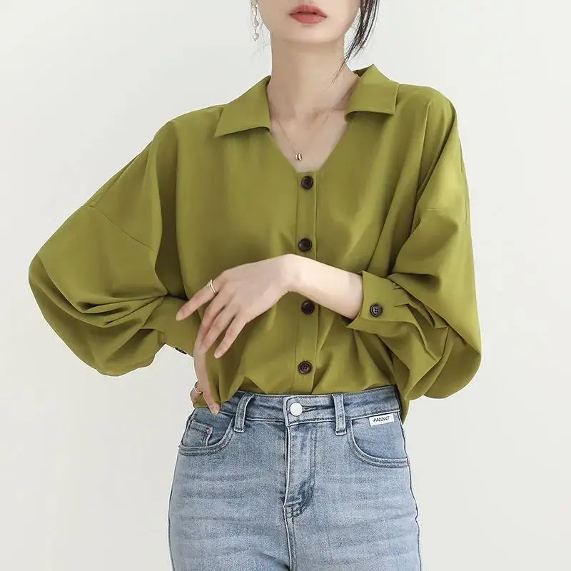 Satin Elegant Simple Street Green V Neck Long Sleeve Office Lady Commute Shirts Korean Fashion Casual Loose Tops Blouses Women