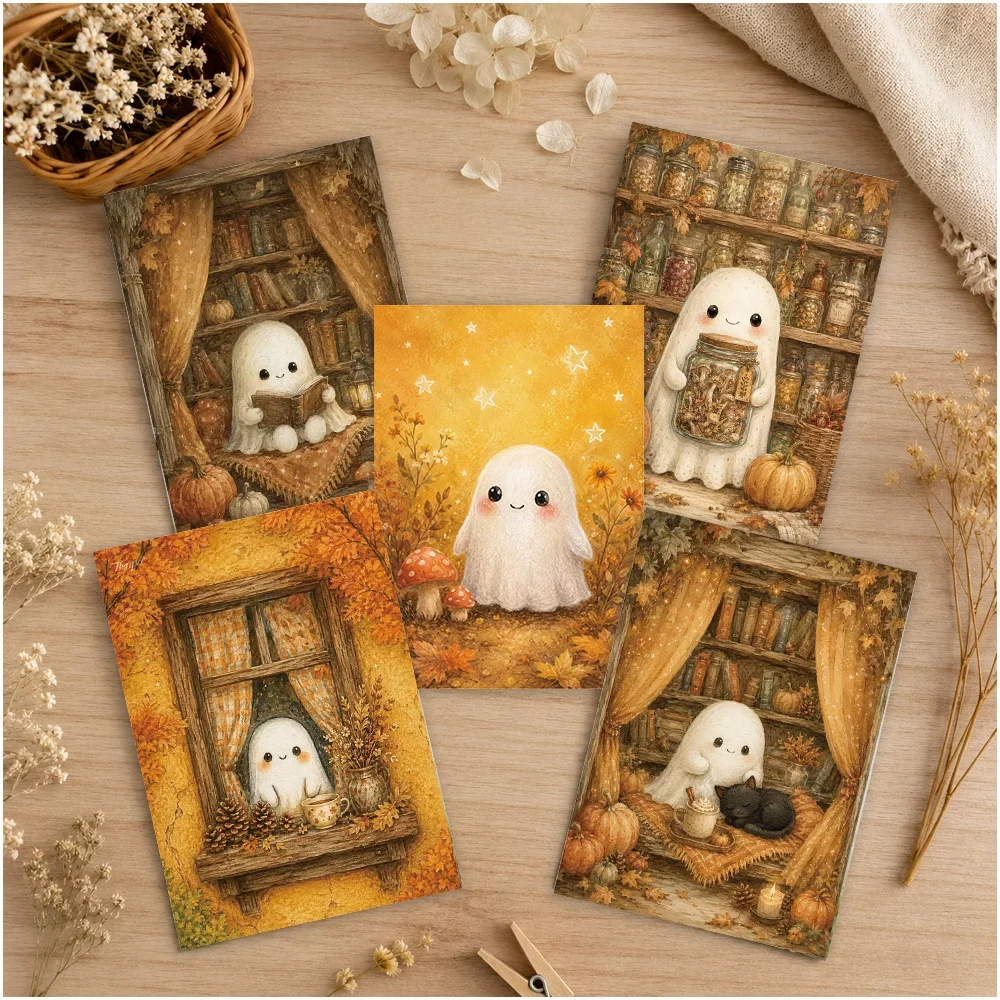 32pcs, Warm Brown Autumn Ghost Postcards, Wall Stickers, Mailing Cards, Greeting Cards, DIY Postcards, Commemorative Postcards, image 3