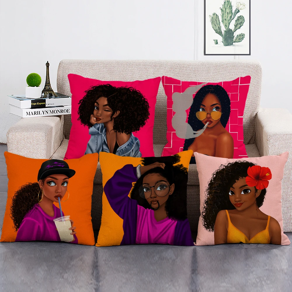 

African American Girl Print Decorative Cushion Cover 45x45cm Size Fashionable Pillowcase for Sofa Decor Home Decor