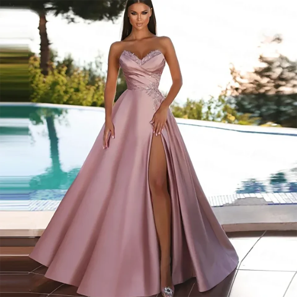 Customized Charming Soft Pink High Slit Beaded Strapless Satin A Line Wedding Dresses 2024 Ruffles Court Train Tulle Bridal Gown