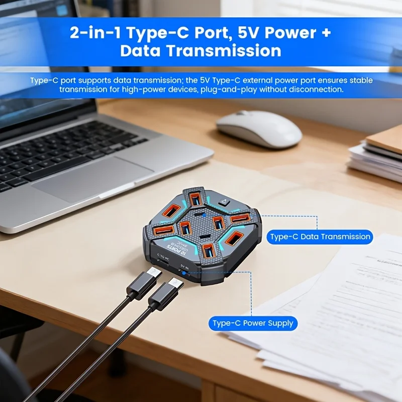 7/10 Port USB 3.0 Hub Docking Station RGB Lighting Type-C Powered Multi USB Splitter Portable Expansion Adapter For Laptop PC
