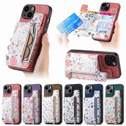 Zipper Cards Slot Wallet Case For iPhone 15 Pro Max 14 Plus 13 12 11 XS X XR 7 8 SE 2022 Purse Pocket Flower Magnetic Bag Cover