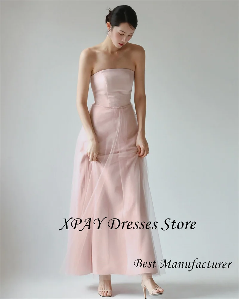 Xpay simples rosa vestido de festa à noite coreia sessão de fotos casamento sem alças tornozelo comprimento formal vestidos de noiva personalizado espartilho