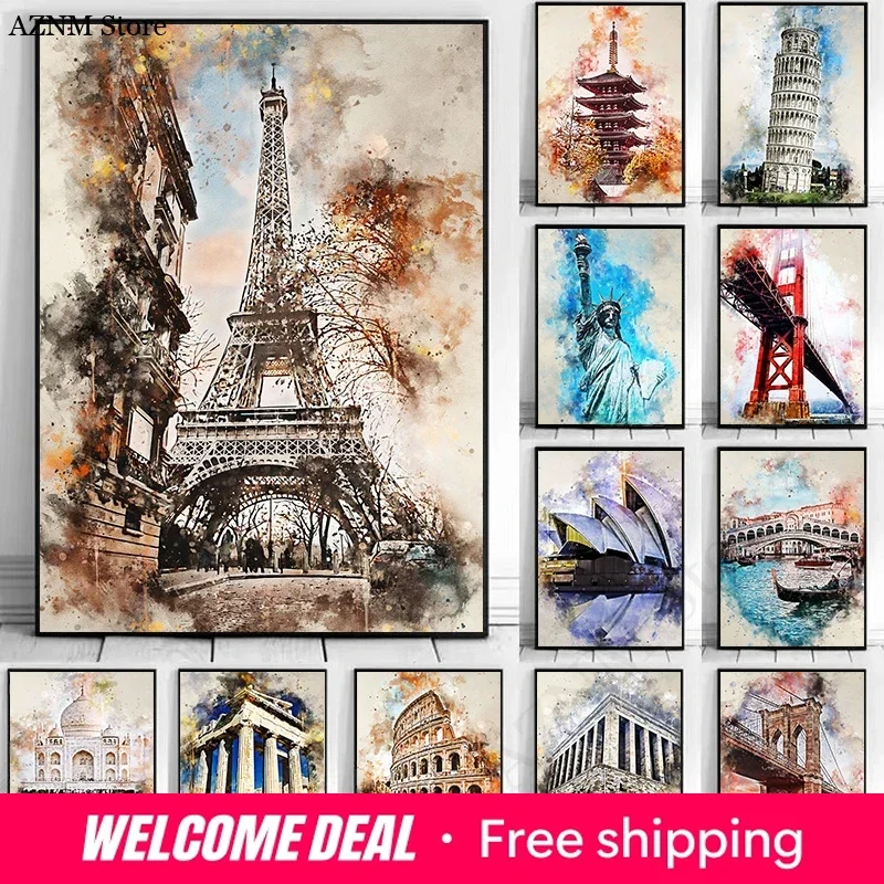 Vintage Watercolor City Paris Rome Venice Scenery Poster Art Print Canvas Paintings World Travel Picture for Home Decor Cuadr