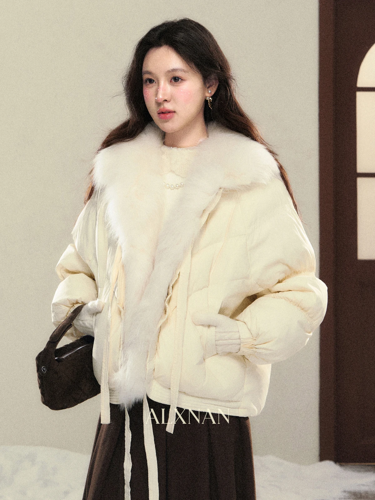 

Warmth Premium Women's Puffer Jacket South Deer Velvet Snow Condensed Light Apricot Fur Collar Short Style Commute Style