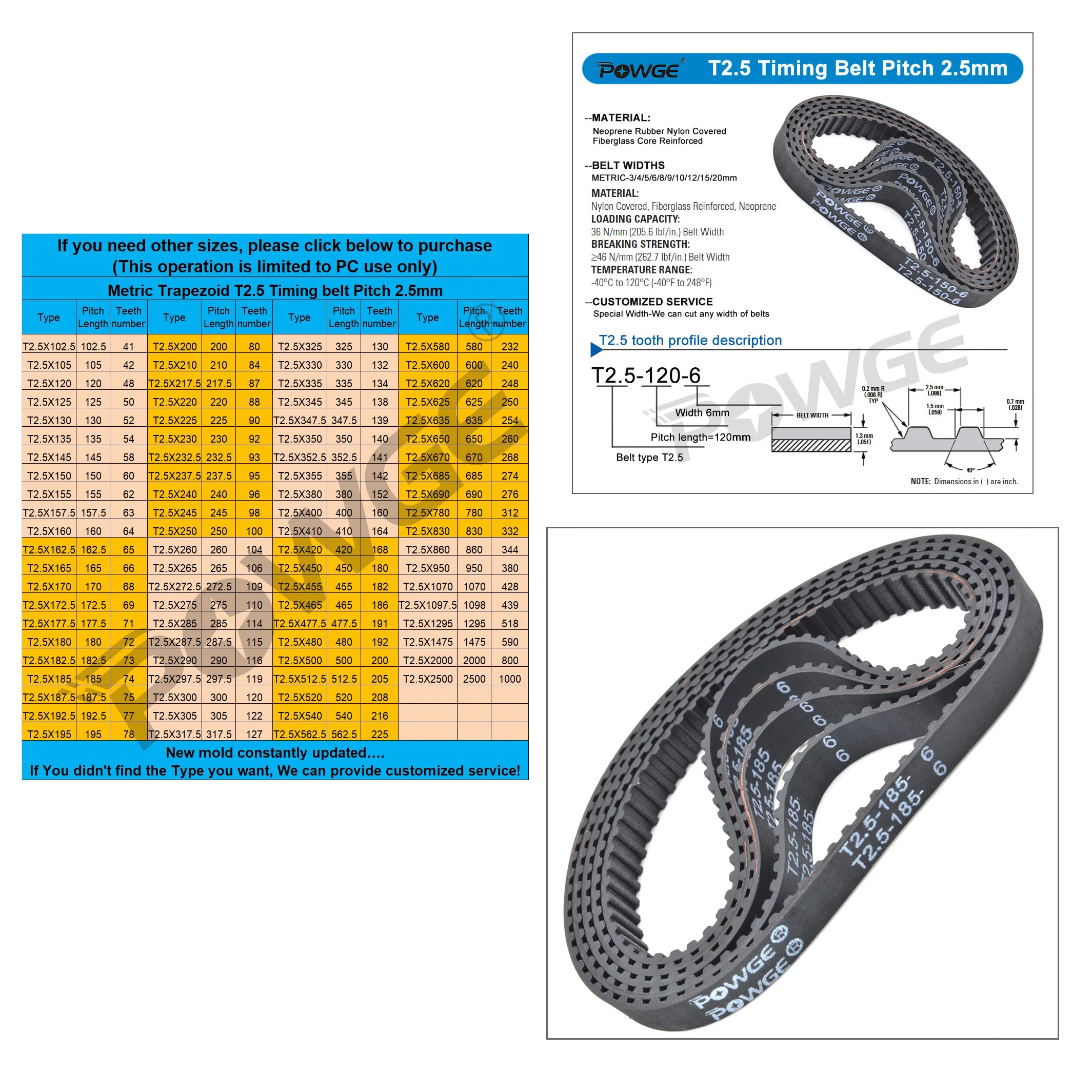 Correia dentada POWGE-borracha, largura 3-20mm, T2.5, Lp. 265, 272,5, 275, 285, 287,5, 290, 297,5, 300, 305, 317,5, 325, 330, 335, 345, 347,5, 350, 5 PCes